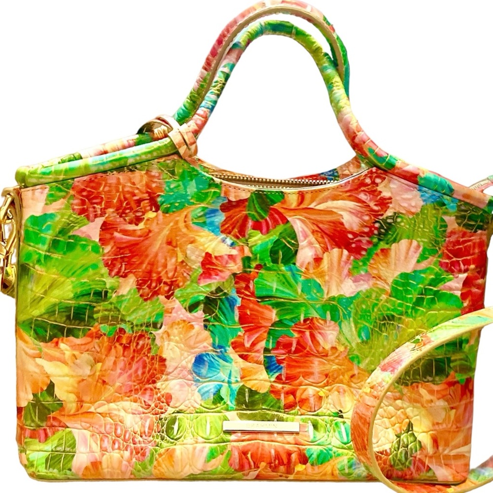 Brahmin Red and Green Satchel with Tropical Print